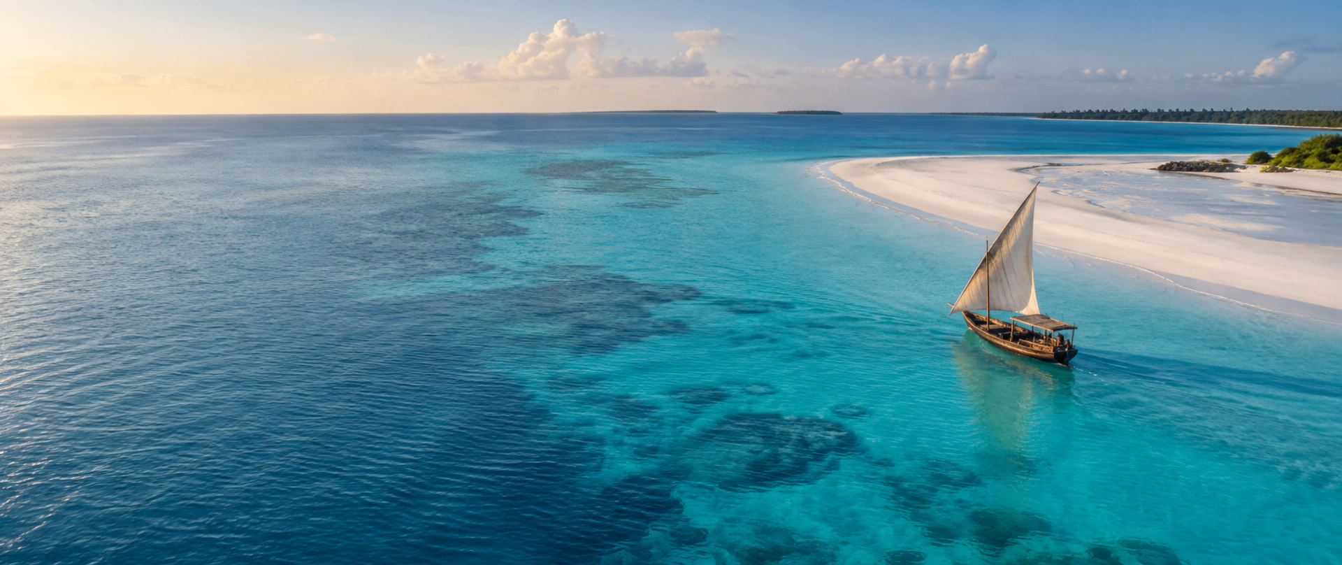 Traditional dhow sailing beside a white Zanzibar sandbank
